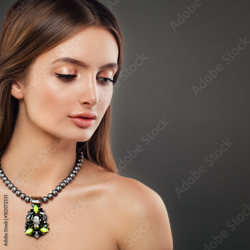 Fashion Portrait of Perfect Girl with Grey Pearls Necklaces