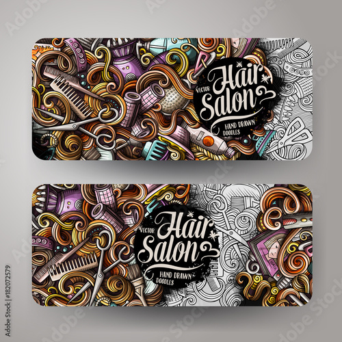 Cartoon colorful vector hand drawn doodles hair salon banners design