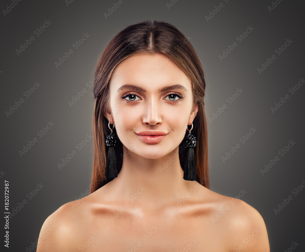 Cute Woman Fashion Model with Shiny Skin, Makeup and Black Silky Jewellery Earrings Fashion Portrait Cute Woman Fashion Model with Shiny Skin, Makeup and Black Silky Jewellery Earrings Fashion Portrait