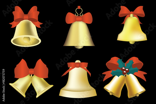 Golden Christmas bells with red bow, tinsel and Holly berries isolated on white background, illustration.