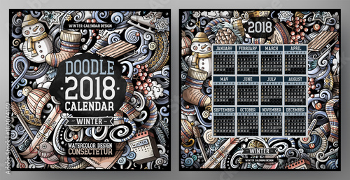 Cartoon colorful hand drawn doodles Winter 2018 year calendar template