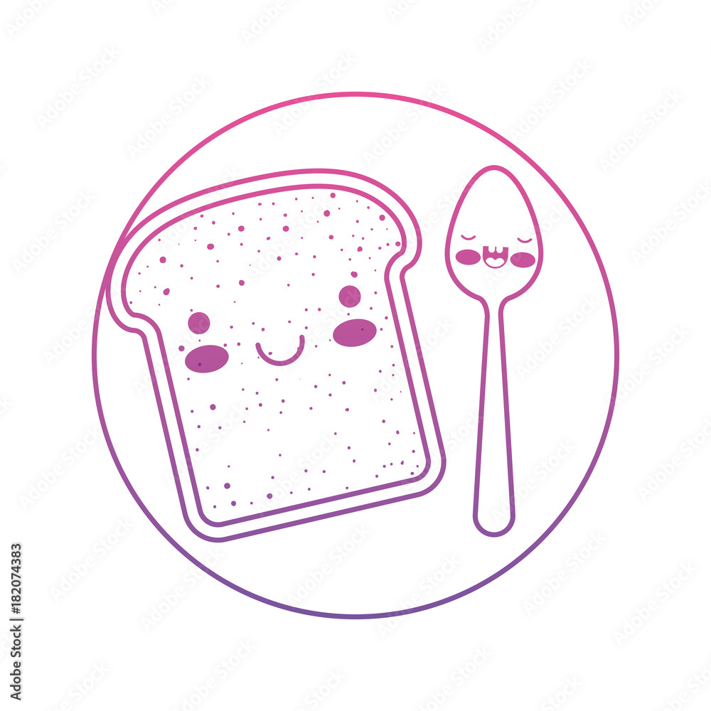 kawaii bread slice and spoon on dish in degraded magenta to purple color contour kawaii bread slice and spoon on dish in degraded magenta to purple color contour