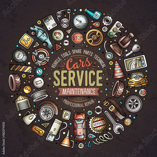 Vector set of Automotive cartoon doodle objects