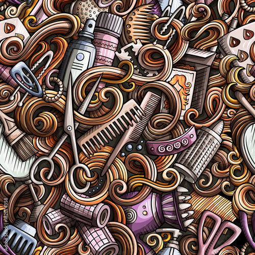 Cartoon doodles hand drawn Hair salon seamless pattern