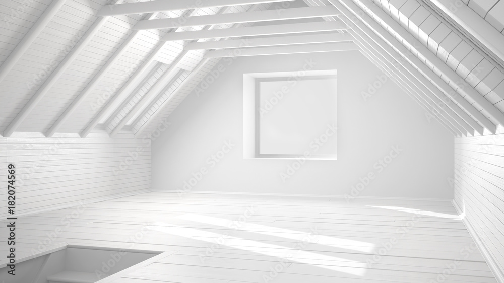 Total white project of empty room, loft, attic, parquet wooden floor and wooden ceiling beams, architecture interior design Total white project of empty room, loft, attic, parquet wooden floor and wooden ceiling beams, architecture interior design