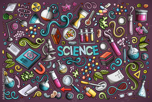 Vector cartoon set of Science theme objects and symbols