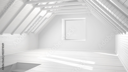 Total white project of empty room  loft  attic  parquet wooden floor and wooden ceiling beams  architecture interior design