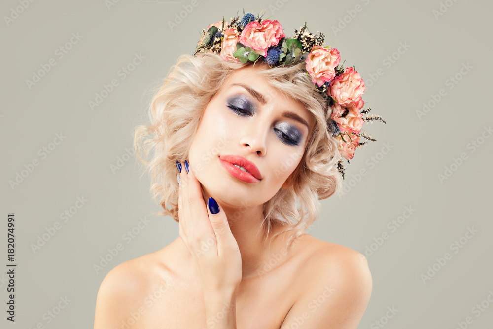 Cute Woman with Bob Hairstyle. Beautiful Female Face with Flowers