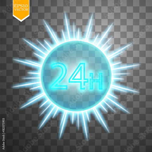 twenty four seven concept open all days.Illustration of Vector Neon Sign. Open 24 Hours Glowing Neon Frame on transparent background. 24 7