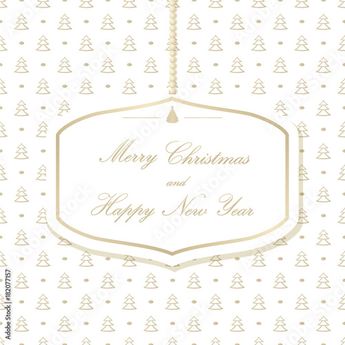 Hanging Christmas card on a background with Christmas trees. Merry Christmas and Happy New Year. Vector illustration.