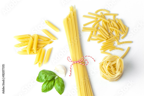 Italian pasta, spaghetti, fettuccine maccheroni, top view flat lay isolated. Menu design.