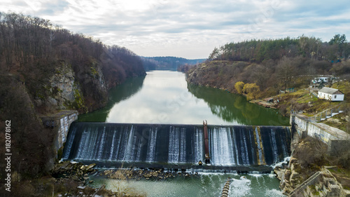Aerial view of the water dam. Beautiful view of the river Teteriv landscape. photo