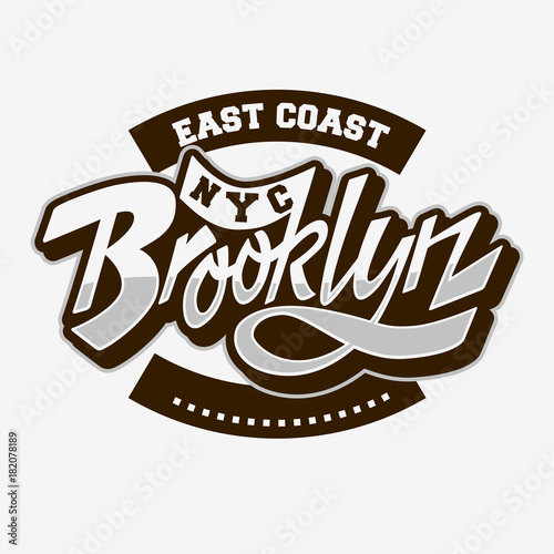 Brooklyn East Coast Custom Script Lettering Vintage Influenced Typographic Type Label Tee Print Design On A White Background.