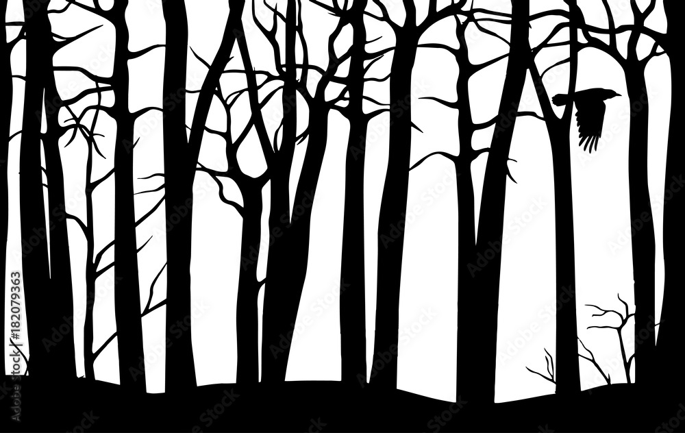 Black vector seamless pattern of scary forest with crooked trees and