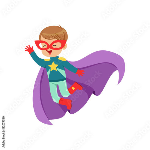Comic cute flying kid in colorful superhero costume with star on the chest, mask and developing in the wind purple cloak.
