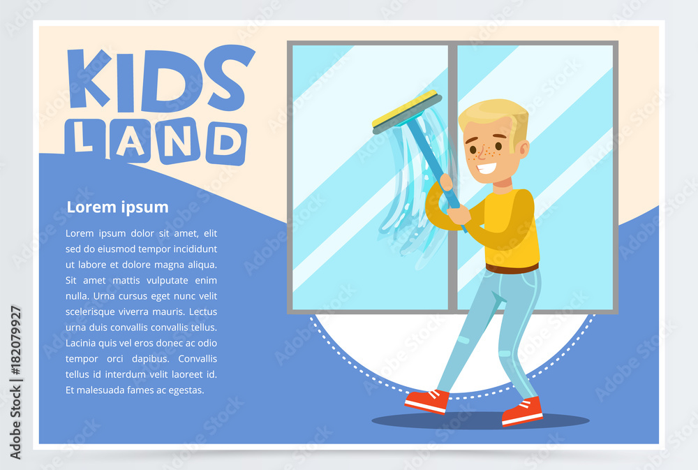 Blue card with young boy washing the window with wiper. Kid helping with housekeeping and doing house cleanup, household chores. Cartoon vector character. Blue card with young boy washing the window with wiper. Kid helping with housekeeping and doing house cleanup, household chores. Cartoon vector character.