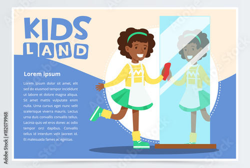 Blue card with smiling black girl with curly hair cleaning the mirror. Kid doing house cleanup, household chores. Vector flat cartoon character