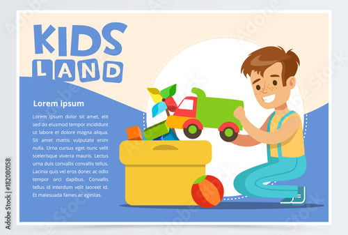 Cute boy putting his toys in special box. Teenager cleaning his room. Creative blue card with place for text. Colorful flat style cartoon vector illustration.