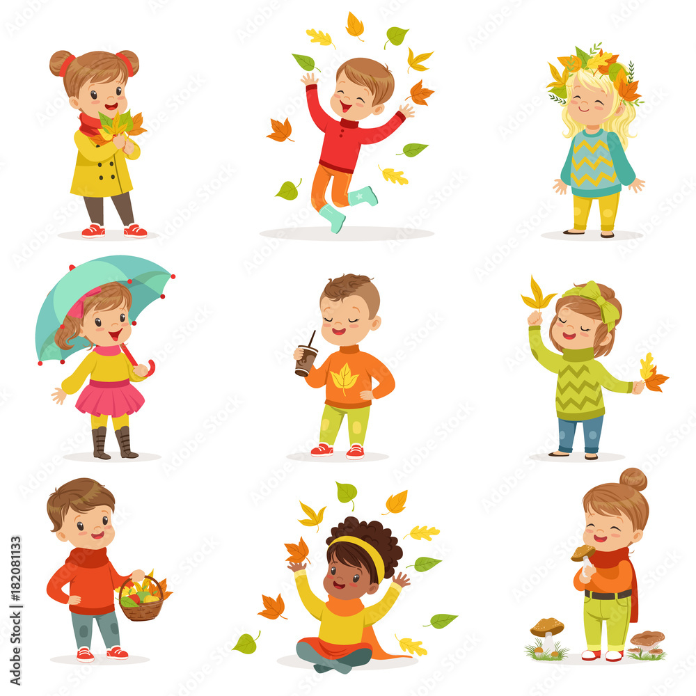 Autumn children s outdoor seasonal activities set. Collecting leaves, playing and throwing leaves, picking mushrooms, walking. Flat cartoon vector.