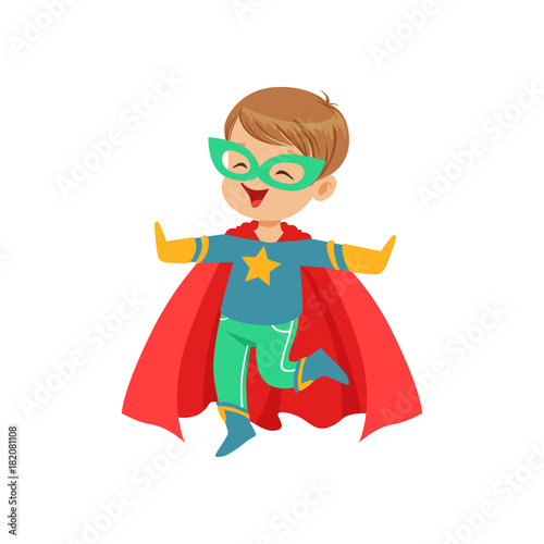 Comic little kid in colorful superhero costume jumping with hands up. Halloween costume. Vector flat super boy character.