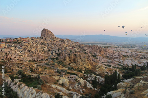 Town of Uchisar at the sunrise, Cappadocia. Turkey.