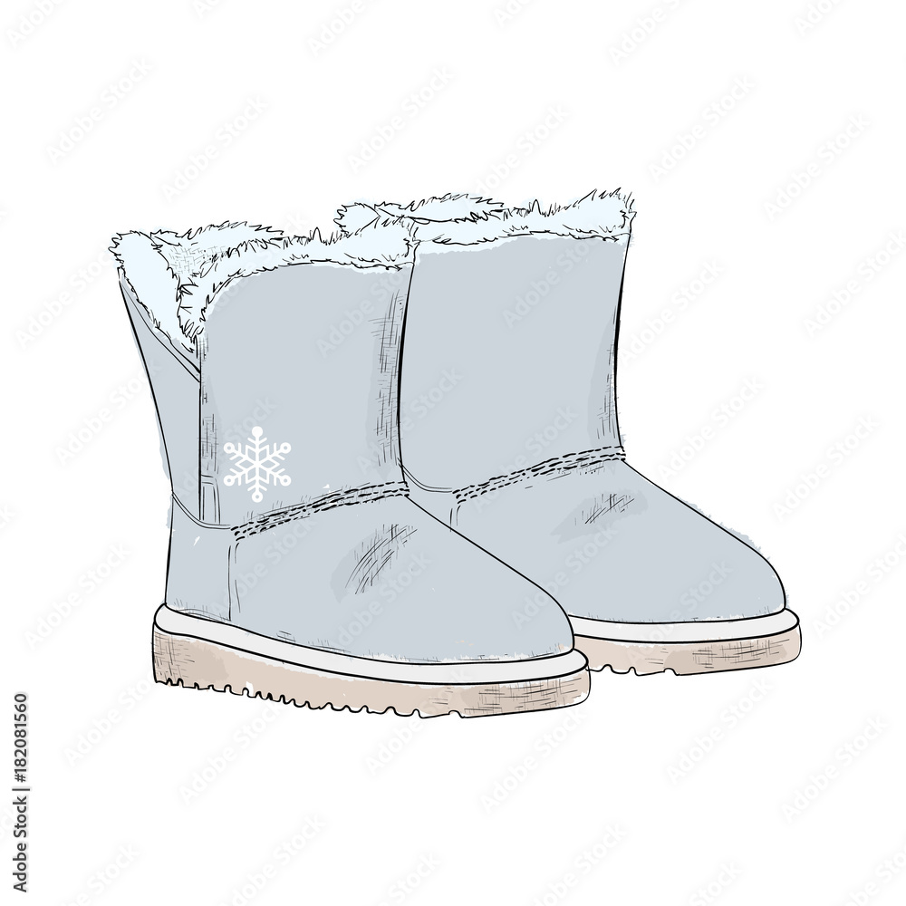 New Year's warm gray ugg boots with fur. Winter collection of clothes. Hand  drawn vector illustration on a white background. Stock Vector | Adobe Stock