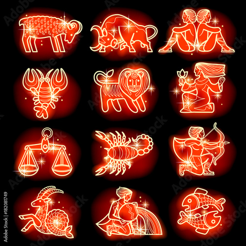 Set of red luminous linear zodiacal signs with figures