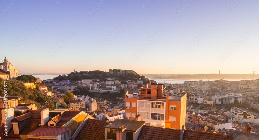 Cityscape of Lisbon, Portugal, at sunset
