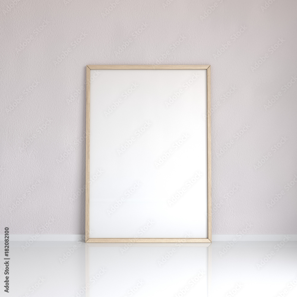 Realistic wooden blank picture frame near the wall, 3D rendering