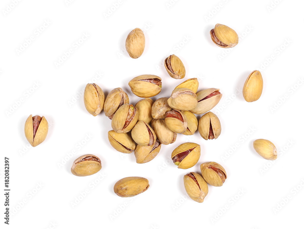 Pistachios isolated on white background, top view Pistachios isolated on white background, top view