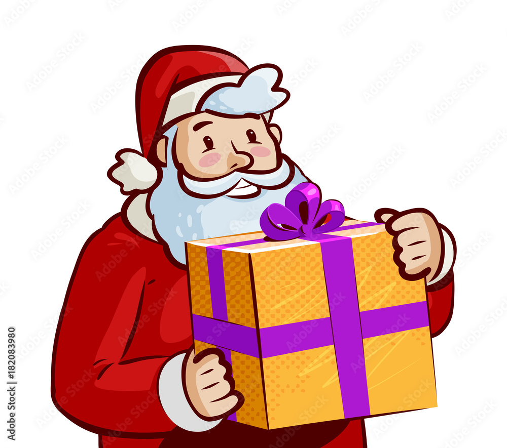 Santa Claus with big gift in hands. Christmas, xmas concept. Cartoon vector illustration Santa Claus with big gift in hands. Christmas, xmas concept. Cartoon vector illustration