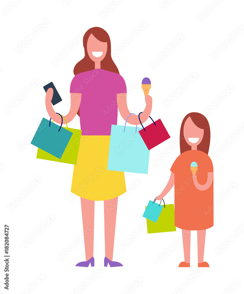 Mother and Daughter Shopping Vector Illustration
