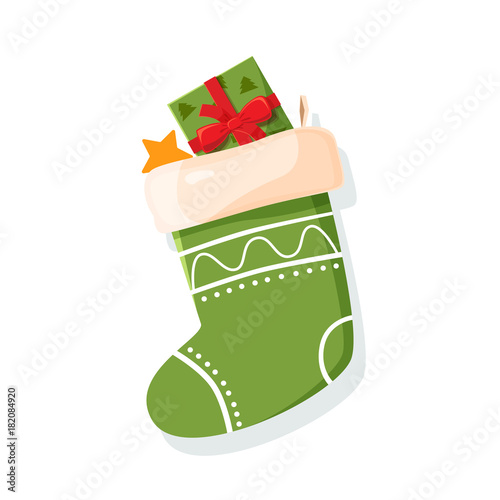 Christmas sock with gifts isolated on white background. Symbol of Merry Christmas and Happy New Year. Cartoon vector illustration.