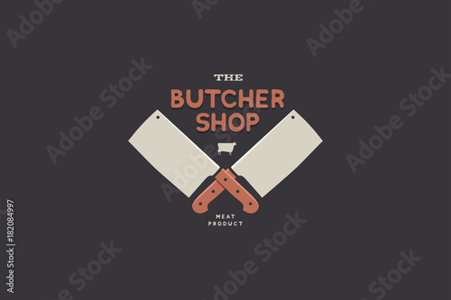 Logo butcher shop with picture of two kitchen hatchet. Design elements for meat stores, packaging and advertising. Vector Illustration.