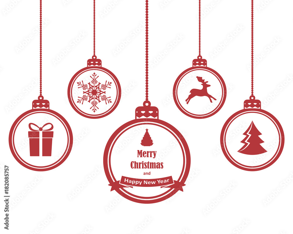 Set of hanging christmas balls with symbols such as snowflake, reindeer, gift and Christmas tree, isolated on white background. Set of hanging christmas balls with symbols such as snowflake, reindeer, gift and Christmas tree, isolated on white background.