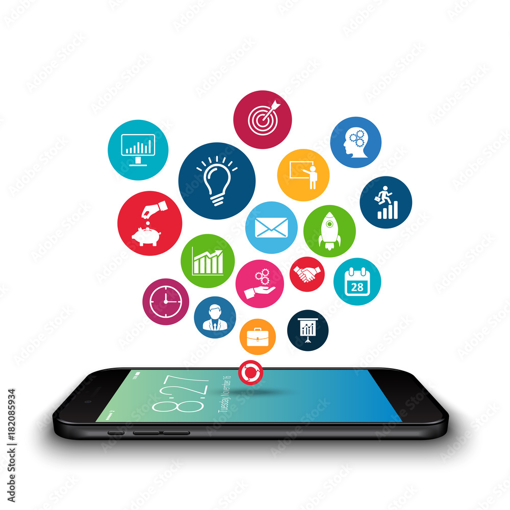 Vector smartphone device with app icons. Social network. Mobile business bubble speech template style. Vector smartphone device with app icons. Social network. Mobile business bubble speech template style.