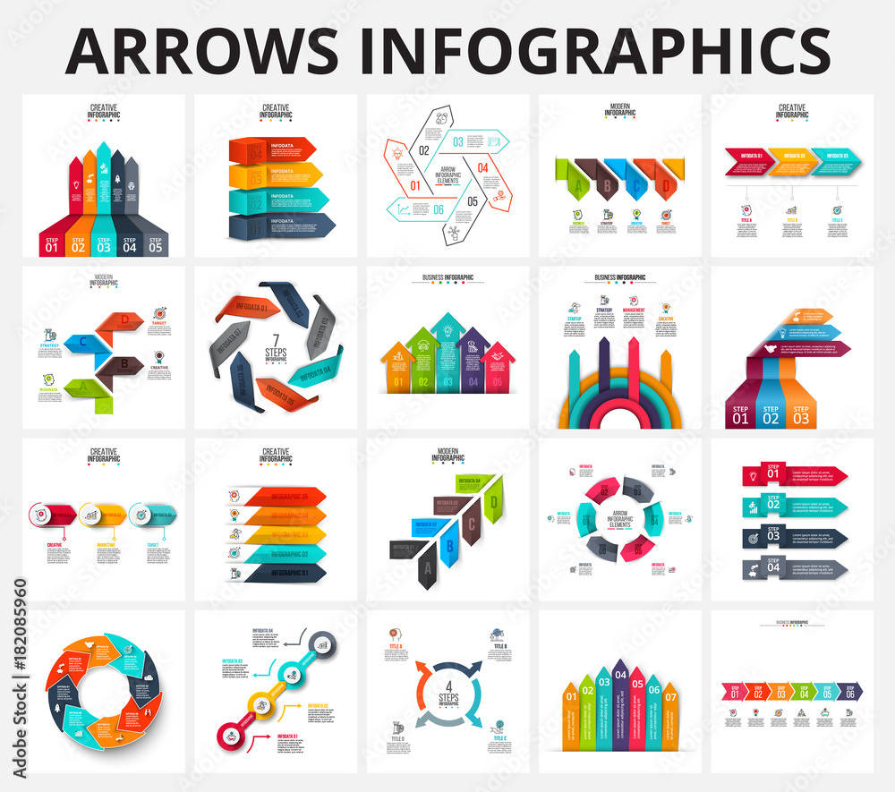 Vector arrows infographics elements set. Template for diagram, graph, presentation and chart. Business concept with 3, 4, 5, 6, 7 and 8 options, parts, steps or processes.