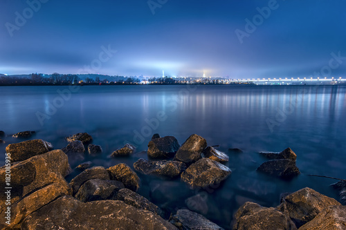 Night in Kiev over Dnipro - long exposure photo.