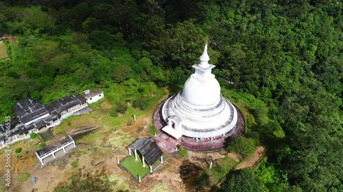Aerial close-up shot from the temple in mountains of Adam Peak in Sri Lanka