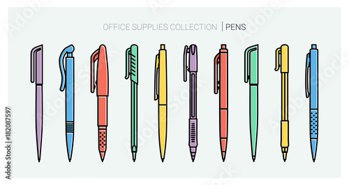 Office supplies collection. Pens set. Writing tools. Outline style. Ballpoint thin line vector icons. Biro, Fountain pen, gel pen, ballpoint pen, capillary pen. Back to school. Writing materials photo