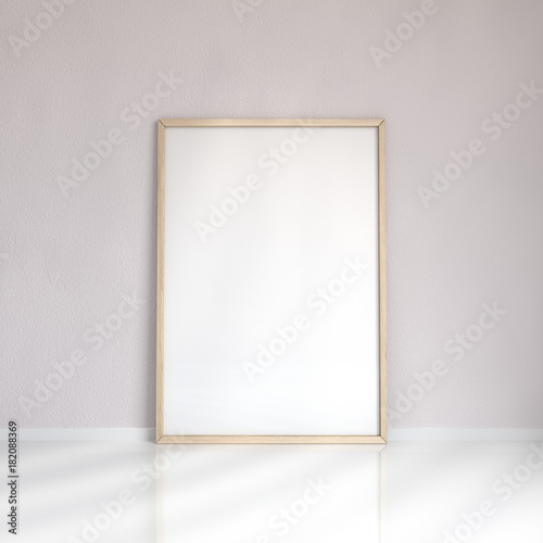 2051785 Realistic wooden blank picture frame near the wall, 3D rendering