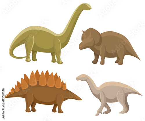 Set of dinosaurs. Stegosaurus  triceratops  Iguanodon  diplodocus. Vector illustration isolated on white. Colorful set of fantasy cute monsters  animals and prehistoric character