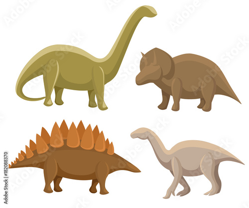 Set of dinosaurs. Stegosaurus, triceratops, Iguanodon, diplodocus. Vector illustration isolated on white. Colorful set of fantasy cute monsters, animals and prehistoric character