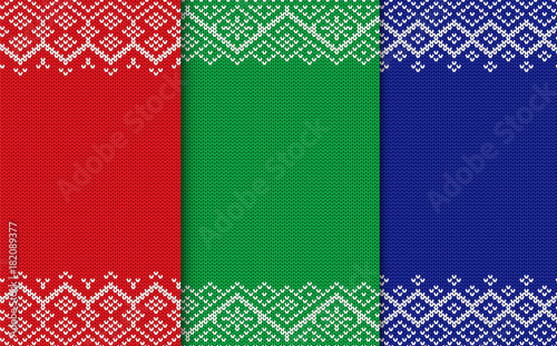 Knitted geometric christmas backgrounds. Set of three colors seamless ornament.