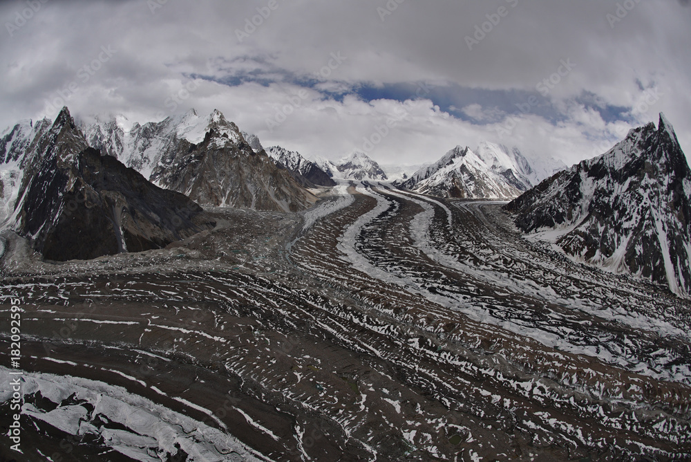 Naklejka premium Baltoro Glacier and high mountains K2 and Broadpok and Concordia base camp in Pakistan Karakorum
