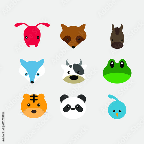 flat head of animals vector. include ant, raccoon, horse, wolf, cow, fog, tiger, panda and quail.