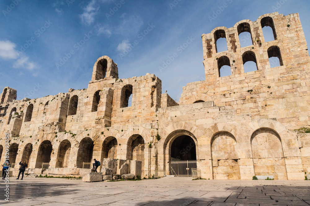 Facade of ancient greek theater Odeon of Herodes Atticus in Athens Greece