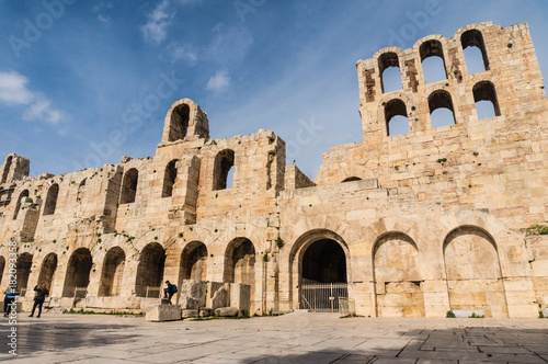 Facade of ancient greek theater Odeon of Herodes Atticus in Athens Greece