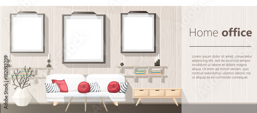Interior Design. Modern living room with grey sofa, vase, shelf with books and nightstand. Apartment interior in the flat style. Isolated vector illustration cozy interior on the white background