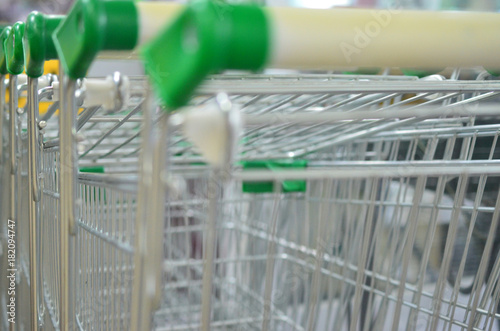 Metal shopping carts in the supermarket.